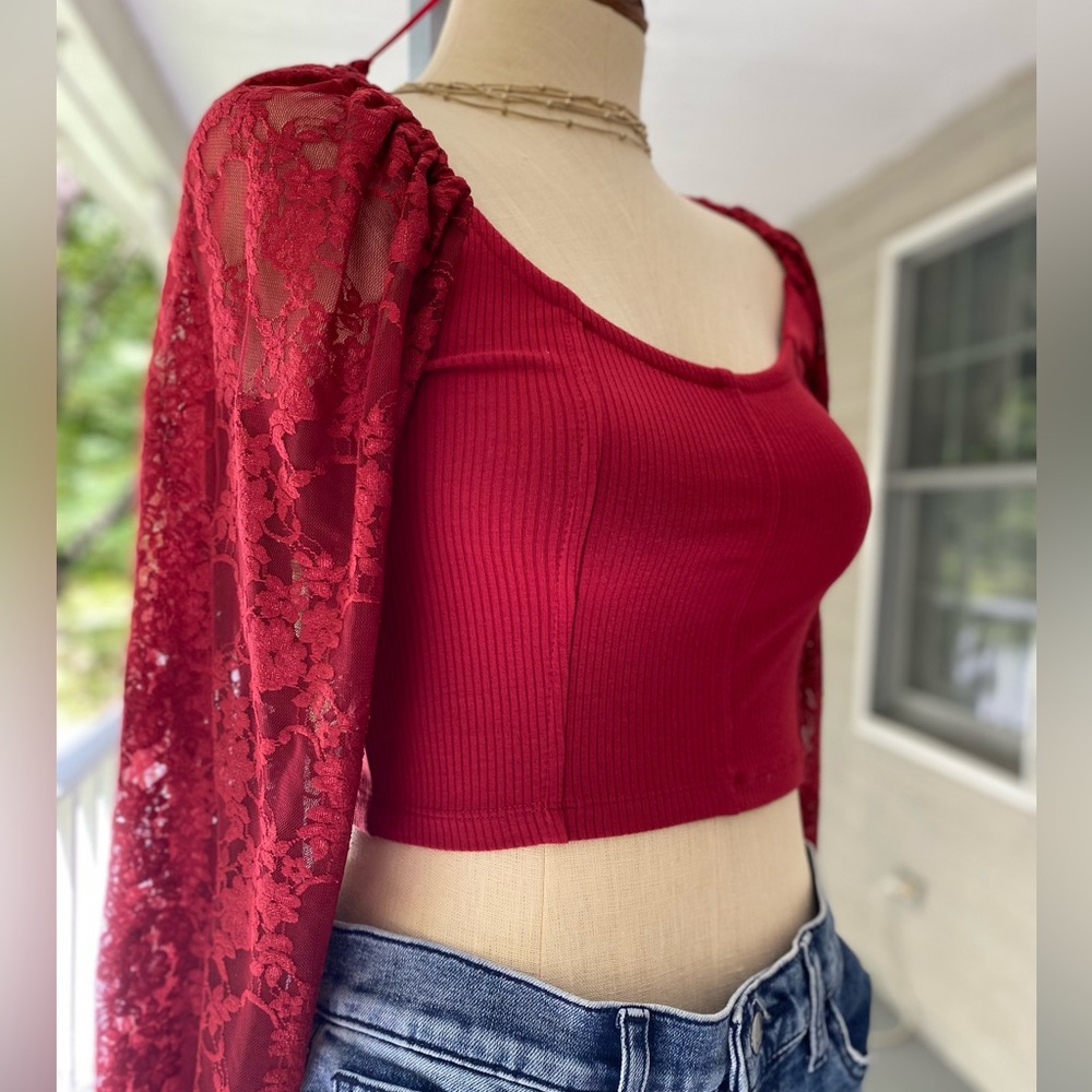 Urban Outfitters Red Lace Sleeve Crop Top